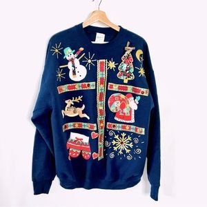 Vintage Y2K Handpainted OSFM Bejeweled Christmas Sweater